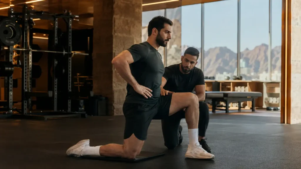 Athletic gym member performing a half-kneeling hip mobility drill with coach guidance during a stretching routine in Muscat, Oman.