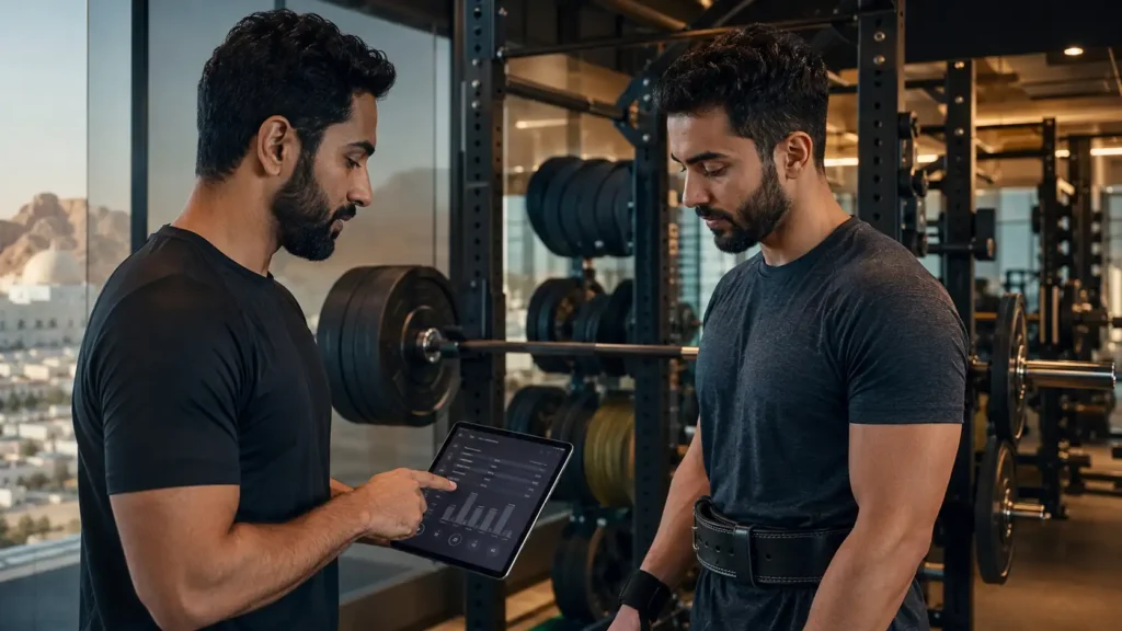 Fitness coach reviewing a structured workout log on a tablet with a gym member beside a squat rack in Muscat, Oman.