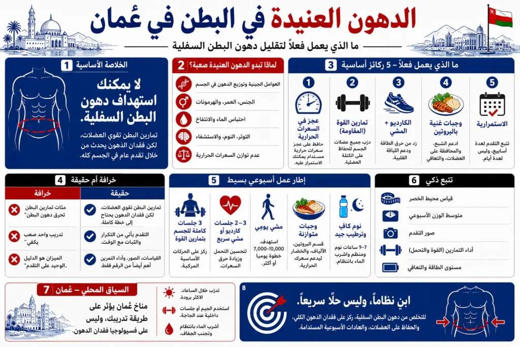 إنفوجرافيك عربي يشرح أسباب دهون البطن العنيدة في عُمان وخطوات تقليلها من خلال التغذية والتمارين والمتابعة.