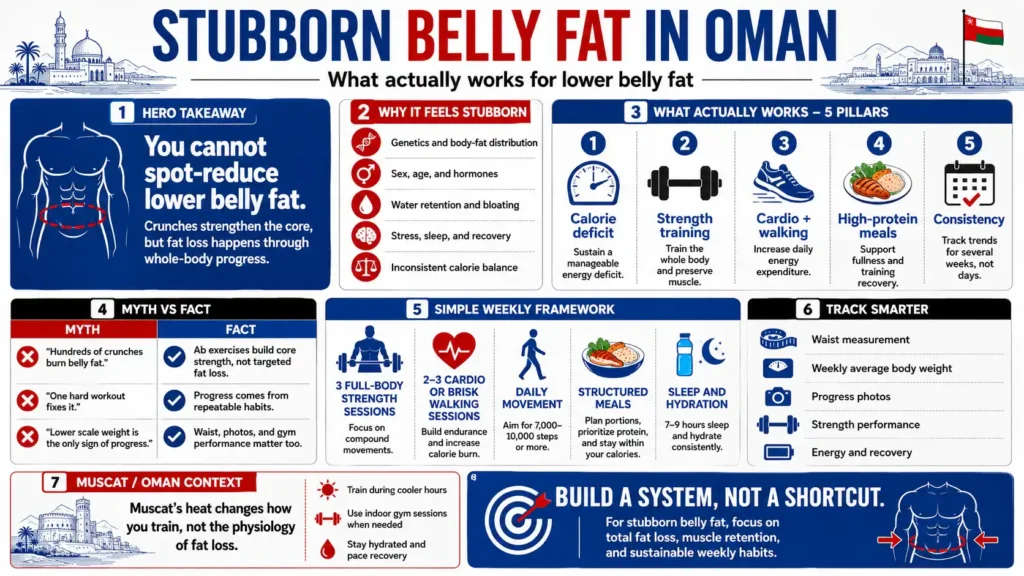 Stubborn Belly Fat in Oman infographic explaining spot reduction, calorie deficit, strength training, cardio, nutrition and progress tracking.