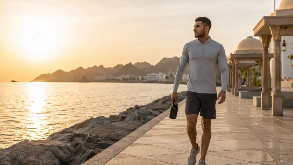 Athletic man carrying a reusable water bottle during a sunrise fitness walk along the Muscat coast in Oman