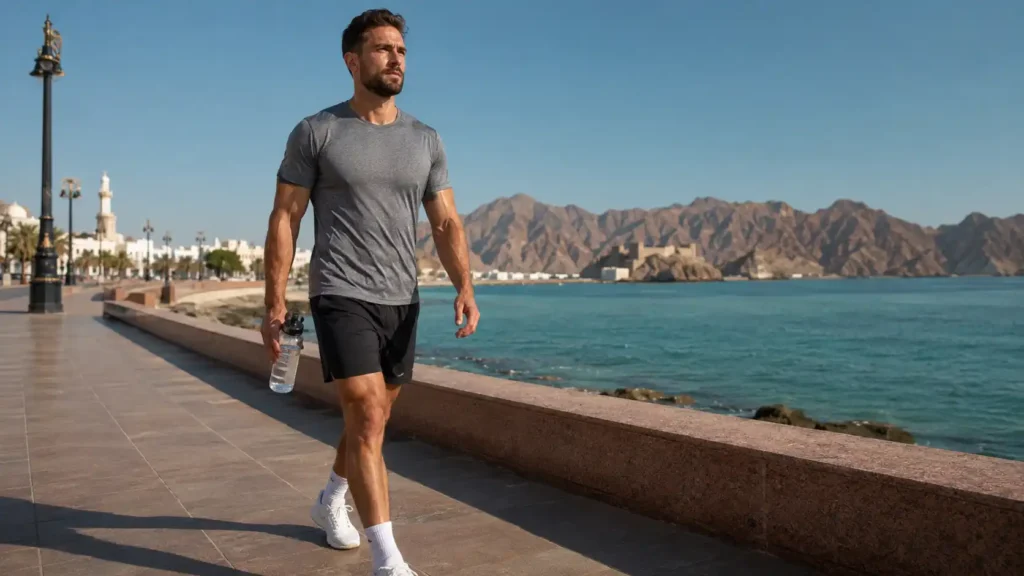 Athletic man doing a brisk sunrise conditioning walk along a Muscat coastal promenade with a water bottle in Oman.