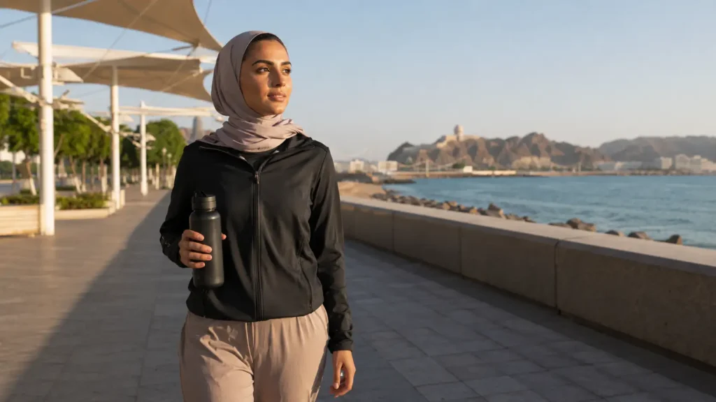Middle Eastern woman walking at sunrise along a shaded Muscat coastal promenade while carrying a reusable water bottle.
