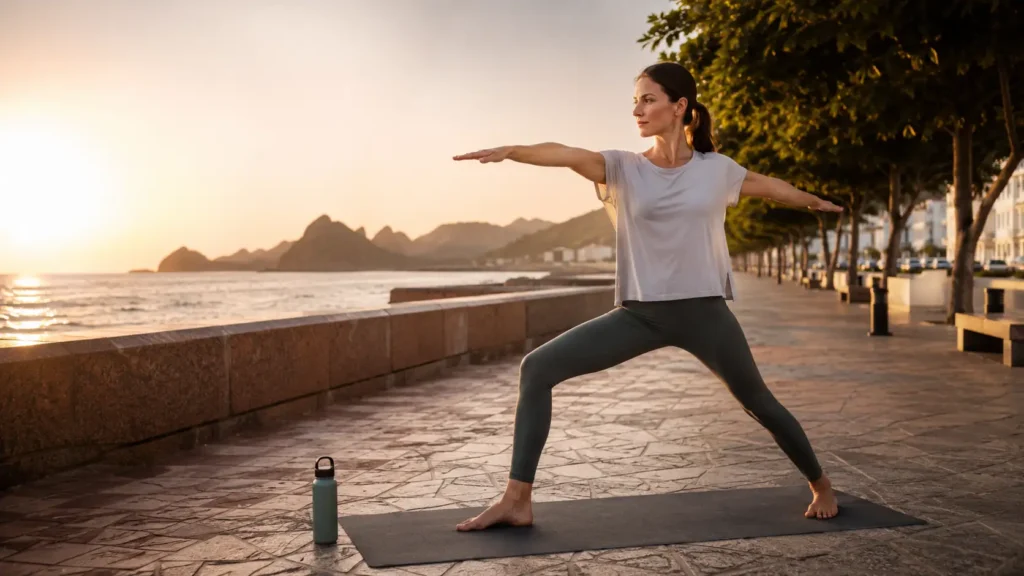 Woman practising a standing yoga pose at sunrise on a shaded coastal promenade in Muscat, Oman