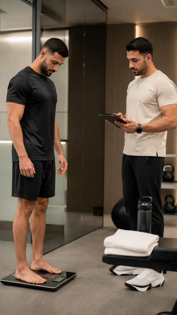 Gym member standing on a digital scale while a coach records pre-workout hydration data in a premium Muscat gym