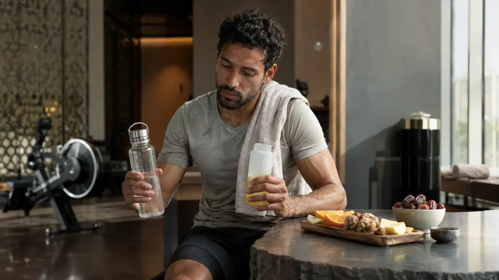 Athlete comparing a water bottle and electrolyte drink in a premium gym recovery lounge in Muscat, Oman