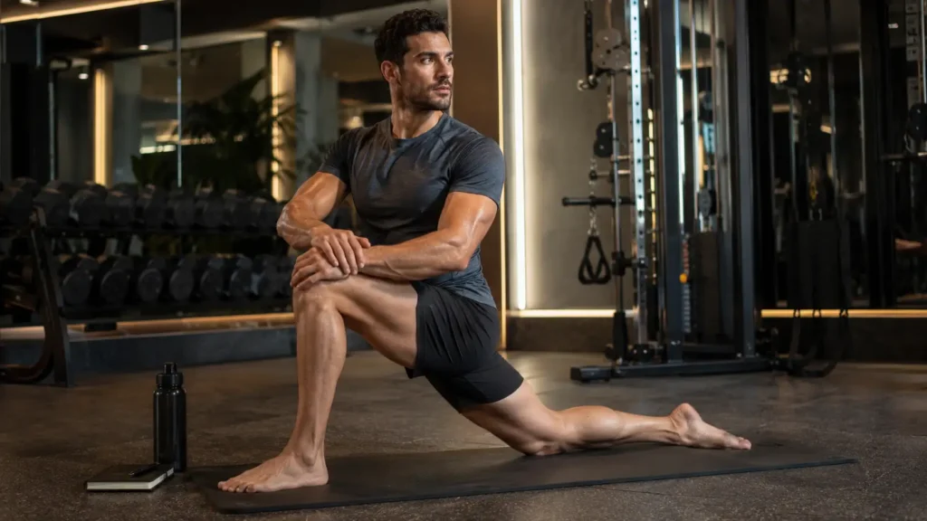 Athletic man performing a controlled low-lunge mobility stretch after strength training in a premium Muscat gym