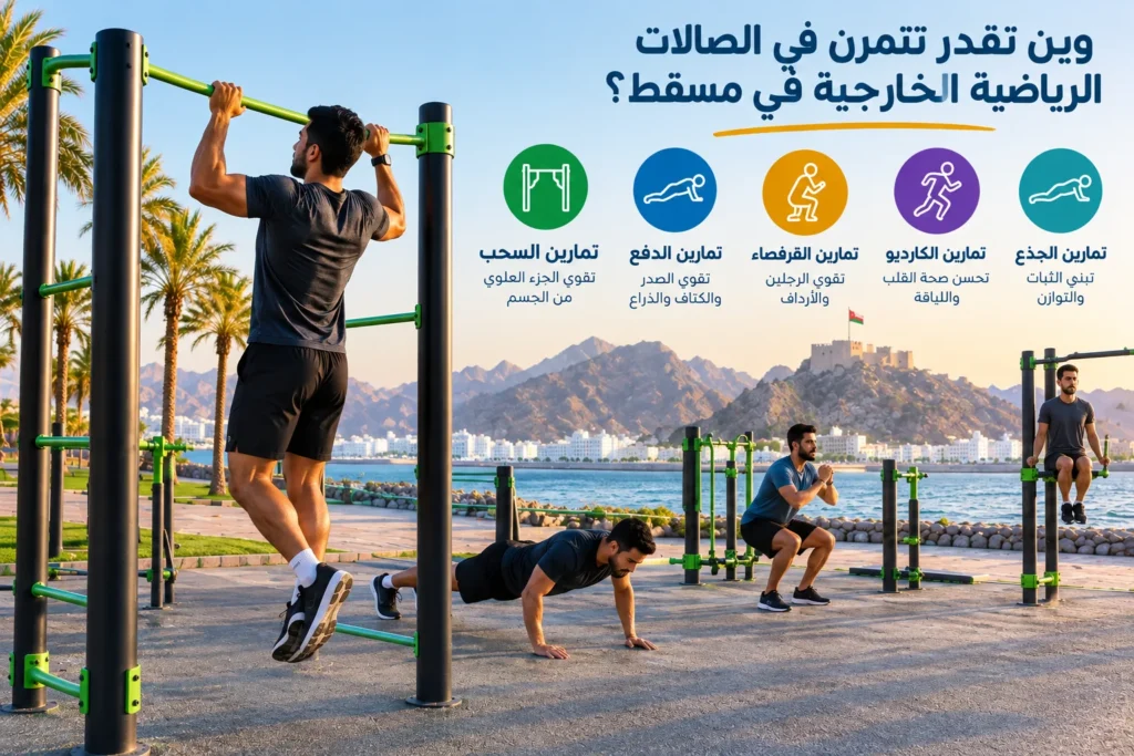 ما التمارين التي يمكنك ممارستها في الصالات الرياضية الخارجية في مسقط؟
