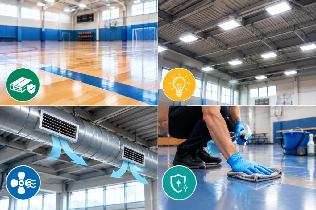 How Do Flooring, Lighting, Ventilation, and Hygiene Affect Sports Facility Safety?